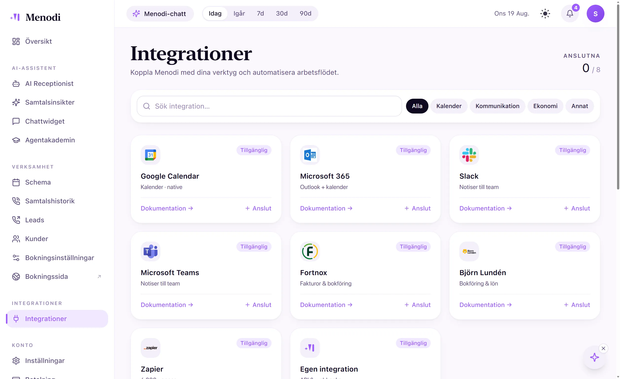 Integrationsoversigten i Menodi: Google Calendar, Microsoft 365, Slack, Teams og flere forbindelser
