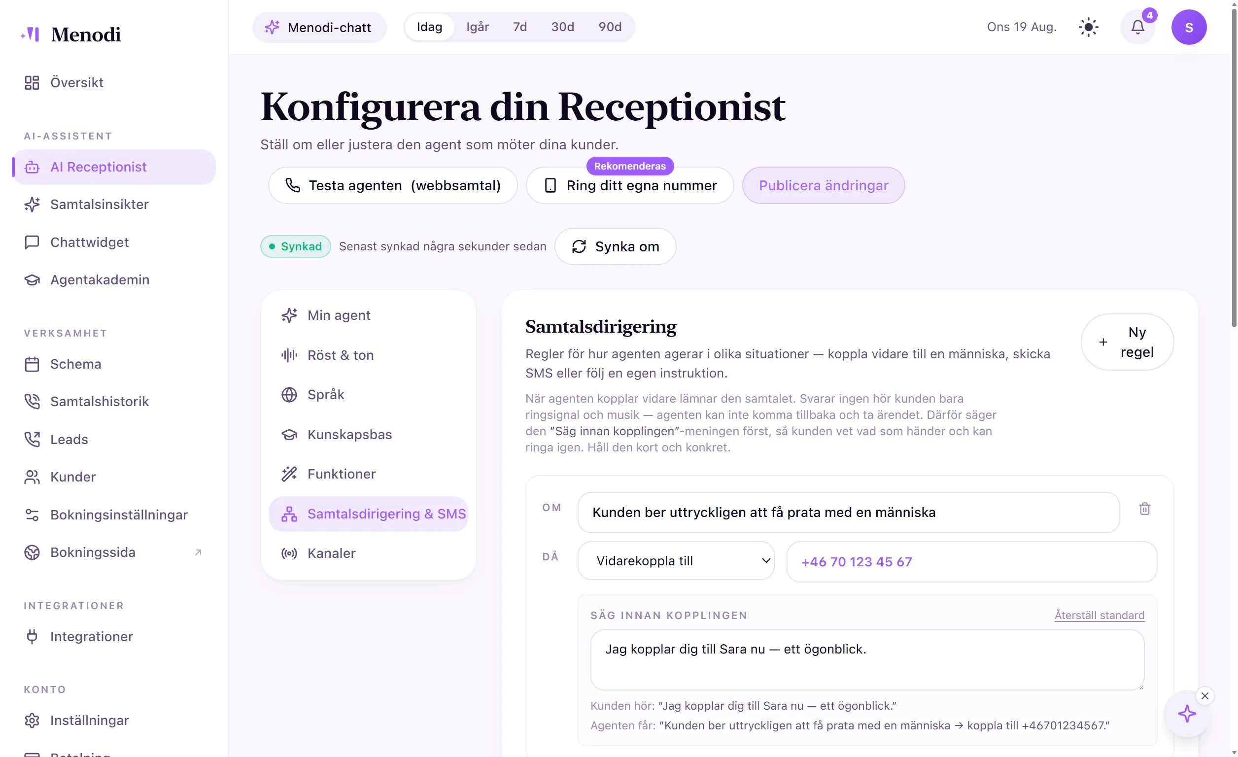 Opkaldsstyring i Menodi: regel med betingelse, Viderestil til og feltet Sig før viderestillingen med forhåndsvisning