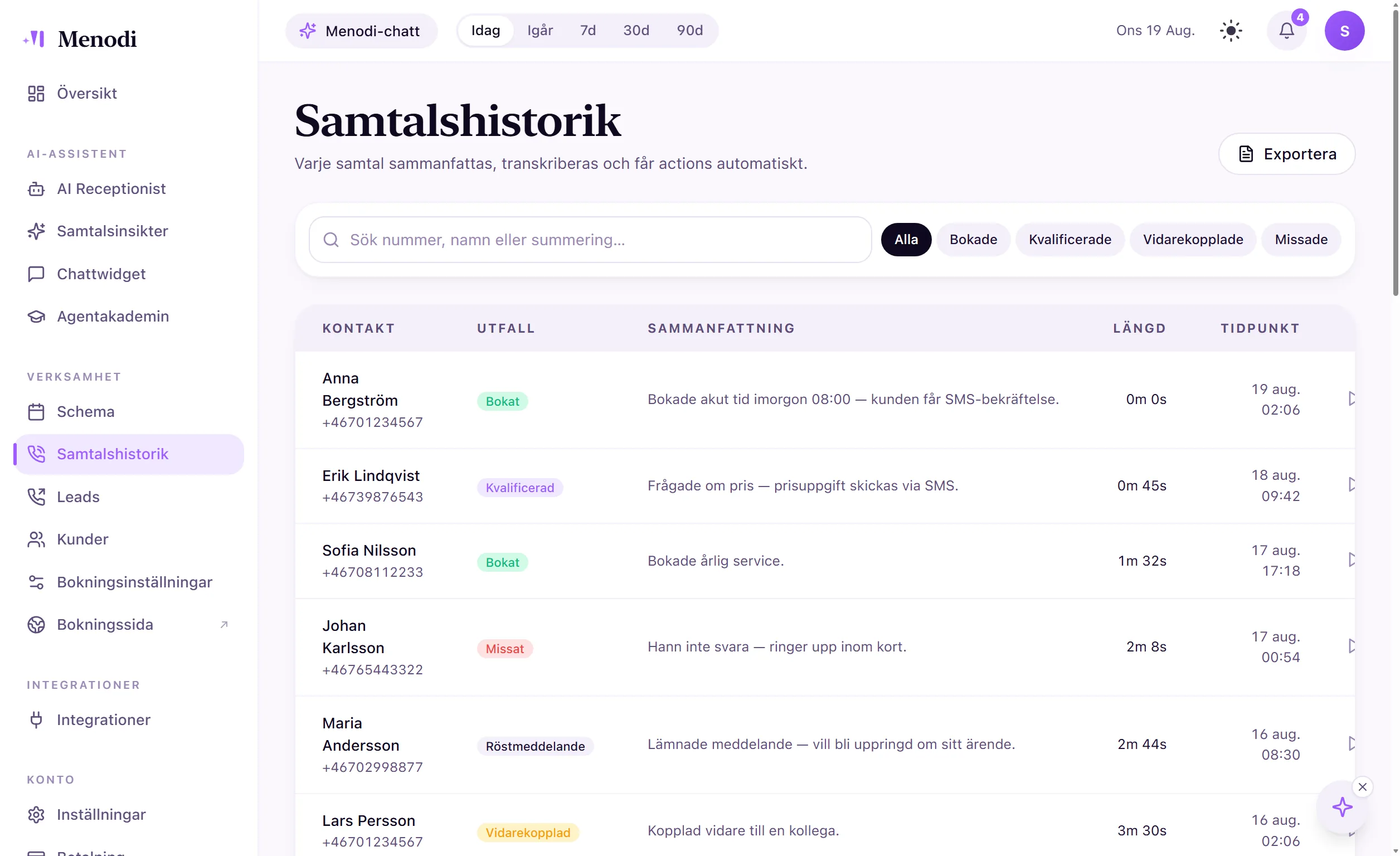 Samtalehistorik i Menodi: hvert opkald med resultat, AI-resumé og længde