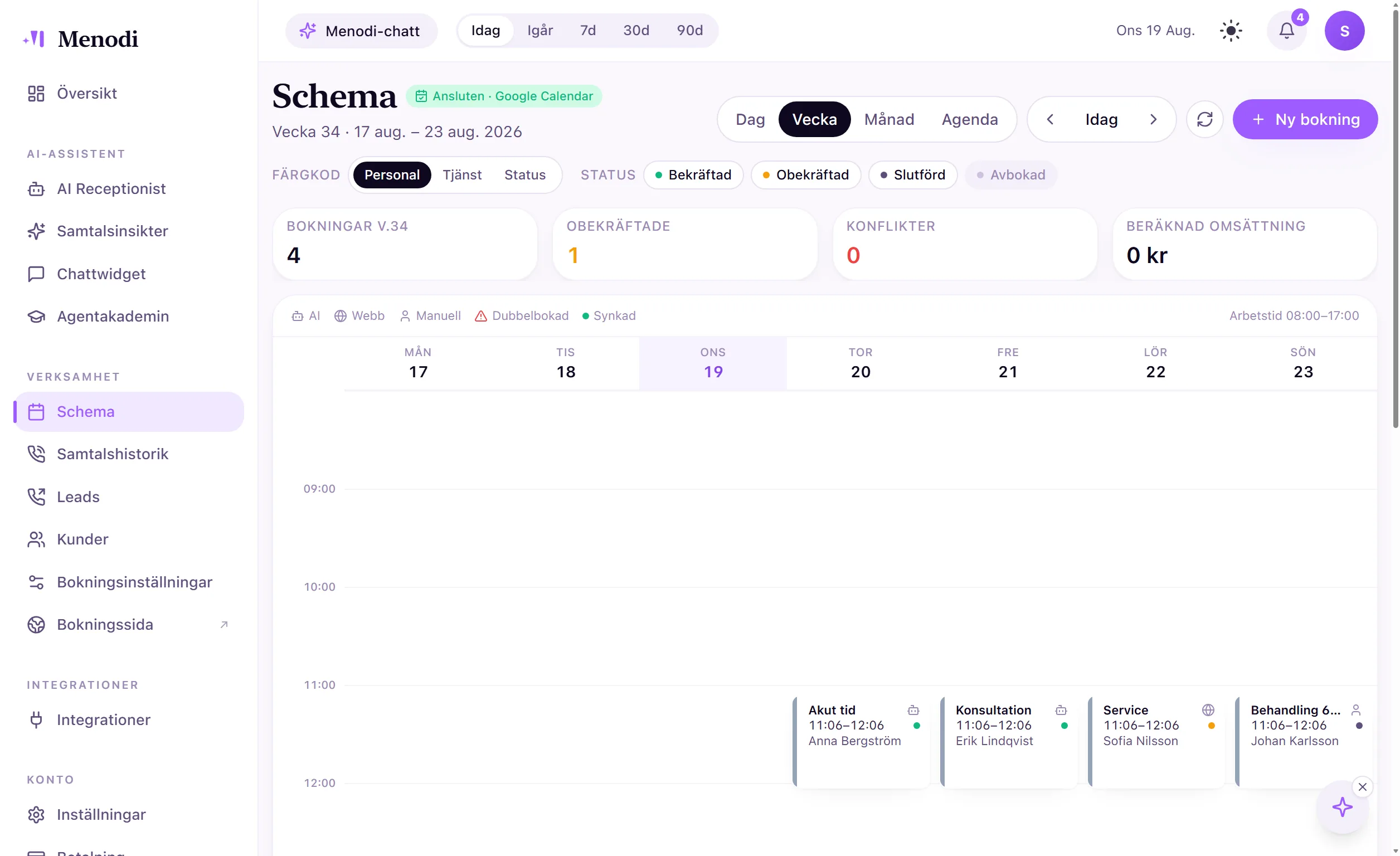 Tidsplanlægningsvisning i Menodi med Google Calendar forbundet og bookinger foretaget af AI-receptionisten