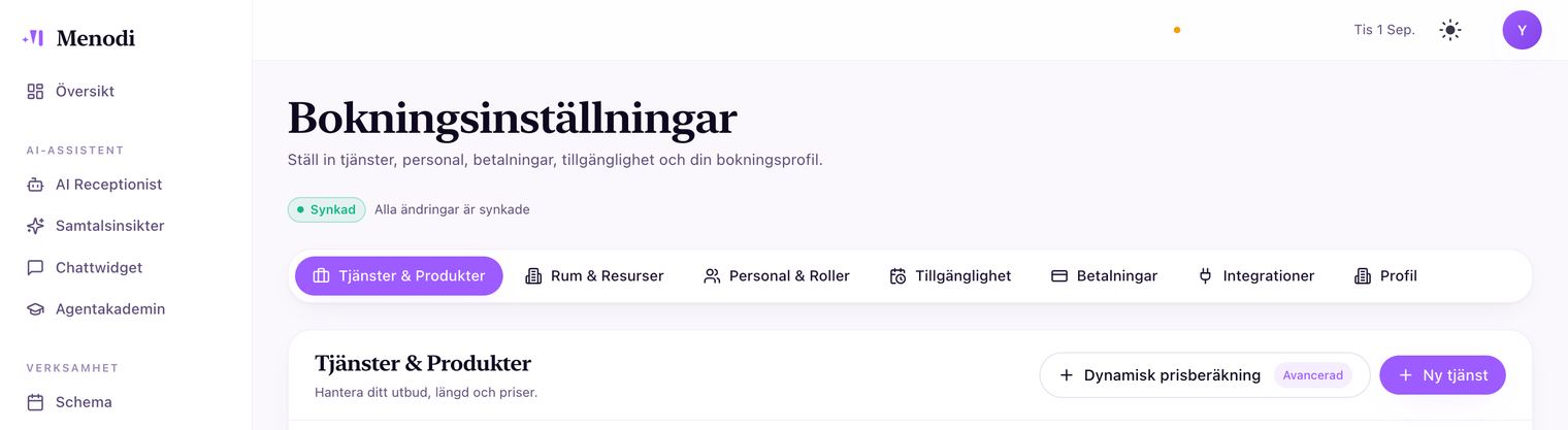 Bookingindstillinger i Menodi med knappen Dynamisk prisberegning markeret Avanceret