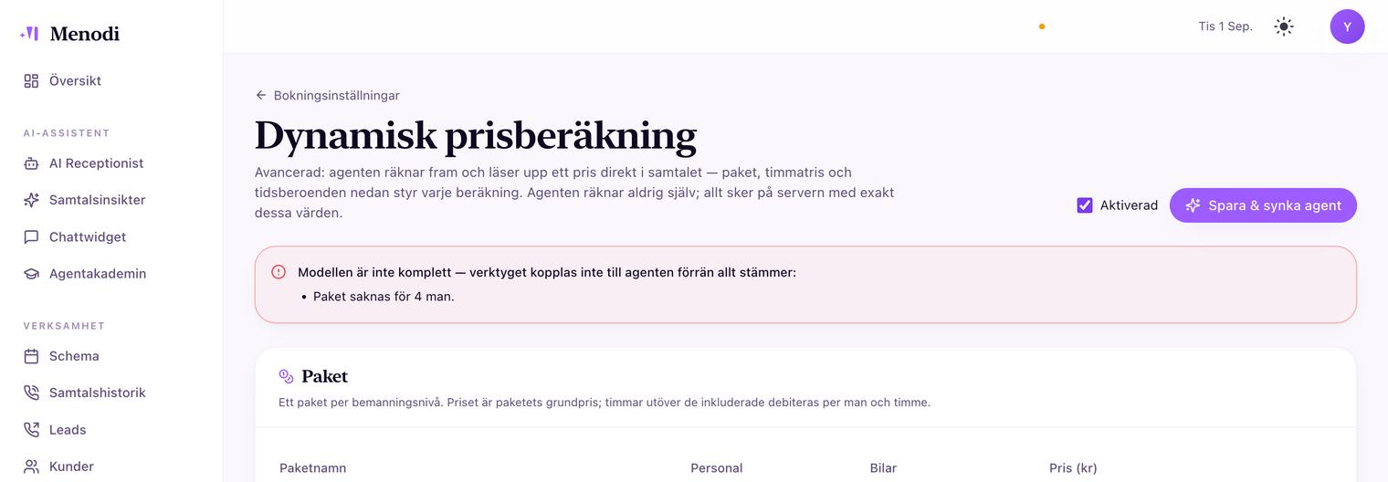Advarselsbox i Menodi: Modellen er ikke komplet — værktøjet forbindes ikke til agenten, før alt stemmer