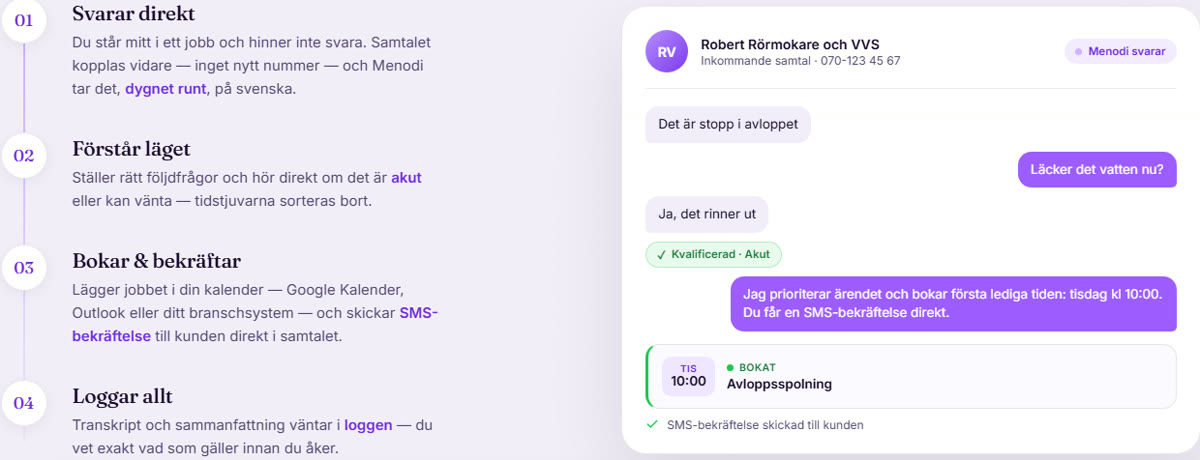 AI-receptionist til elektriker — Menodi kvalificerer elektrikeropkaldet, booker jobbet og sender SMS-bekræftelse