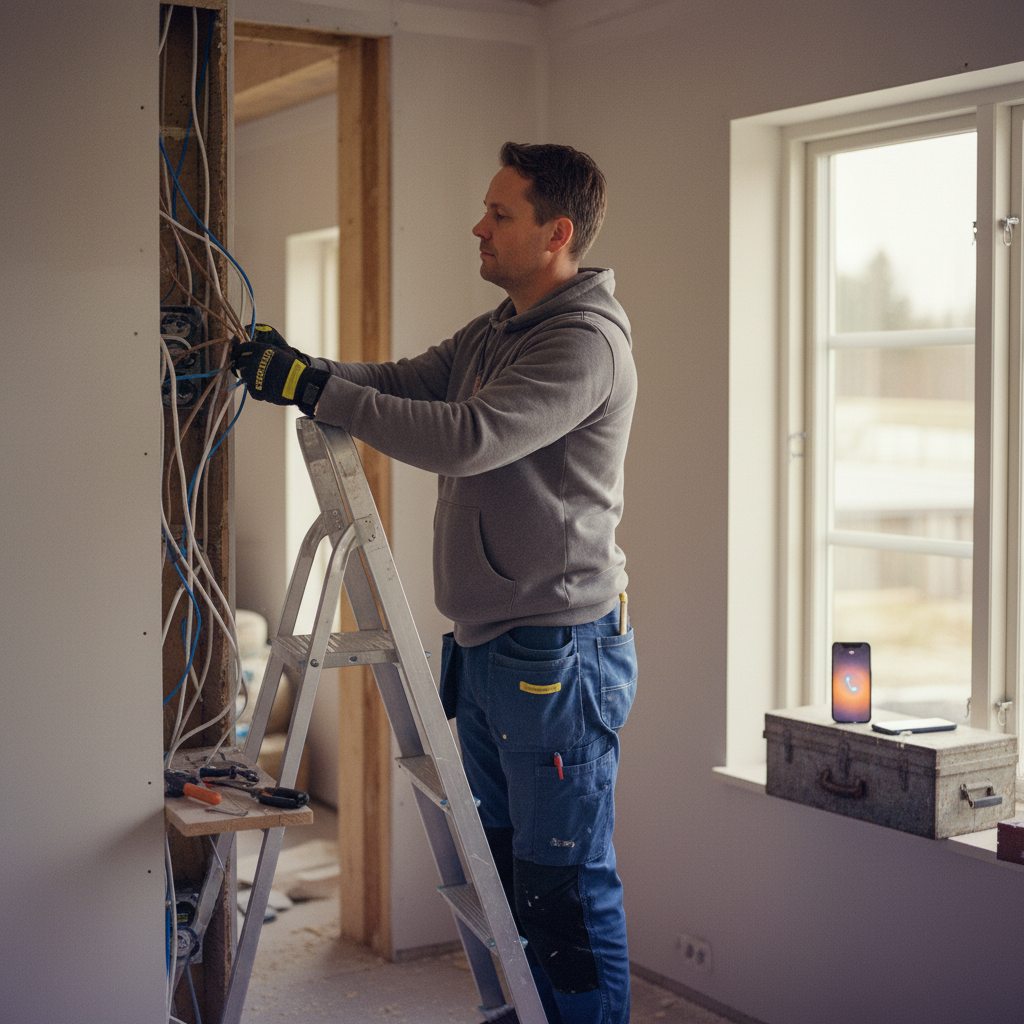 Elektriker, der arbejder koncentreret i en væg, mens telefonen ligger og ringer uopdaget ved siden af ham — opkaldsservice håndterer opkaldet
