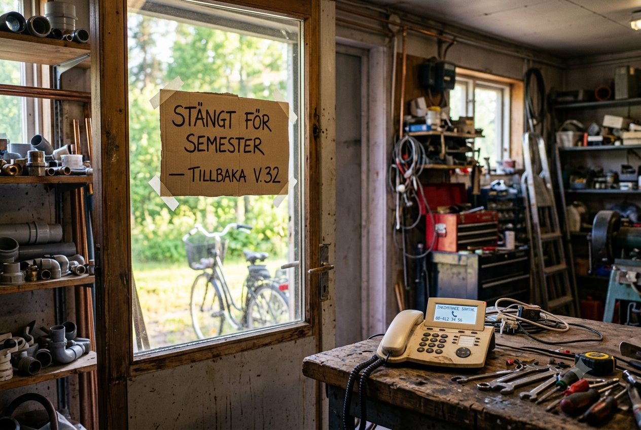 En lukket håndværkervirksomhed under sommerferie — skiltet Lukket på grund af sommerferie i døren, mens telefonen ringer ubesvaaret på værkstedsbor det